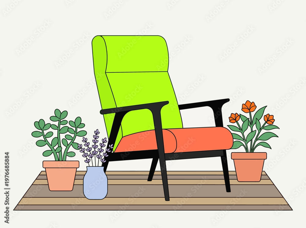 Fototapeta premium Mid-Century Modern Armchair Illustration with Potted Houseplants and Flowers