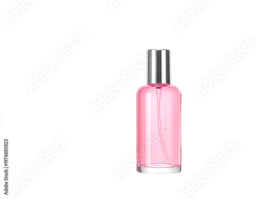 Sleek clear glass spray bottle with pink liquid, silver cap