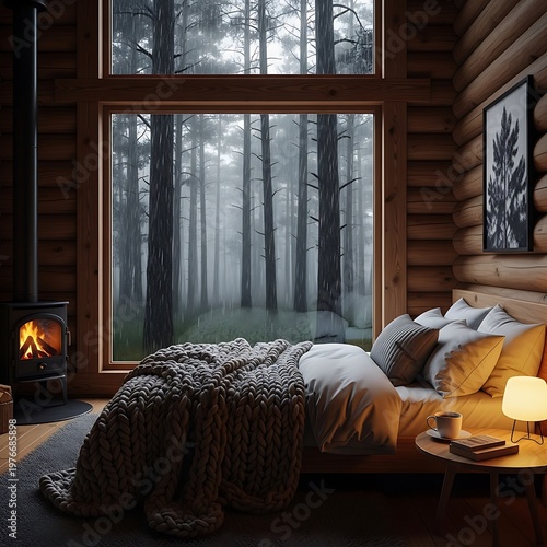 Cozy Log Cabin Bedroom with Forest View and Fireplace.