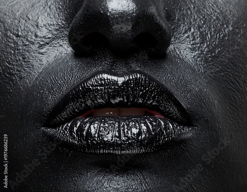 Close-up of glossy, black painted face highlighting lips and skin texture