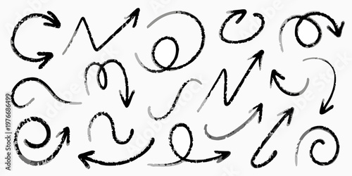 Collection of hand drawn black arrows and curved directional indicators