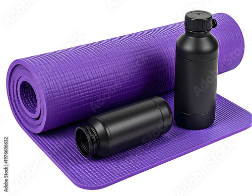 Purple rolled exercise mat with two black water bottles