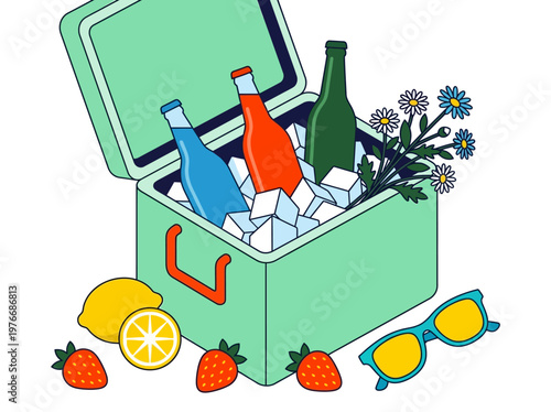 Summer Picnic Cooler with Chilled Drinks on Ice Strawberries Lemon and Sunglasses Vector Illustration