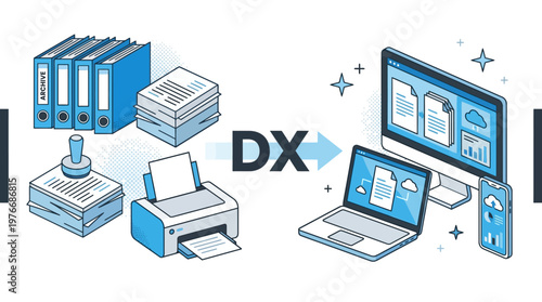 Digital Transformation (DX) Concept with Paperless Office and Cloud Document Management Illustration