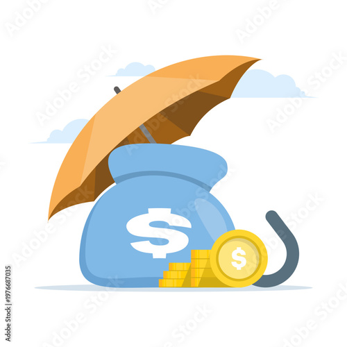 Creative illustration of money and safe investments, emphasizing an umbrella protecting gold coins, financial security, and savings protection coverage. Flat vector illustration.