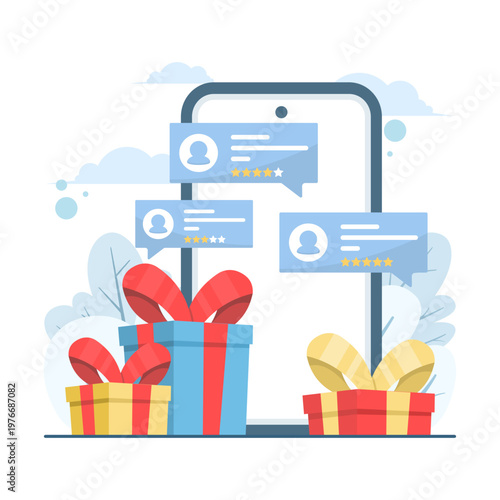 Concept illustration of mobile customer reviews with ratings on smartphone. Suitable for digital marketing, online feedback, app user experience, and review management projects. flat design.