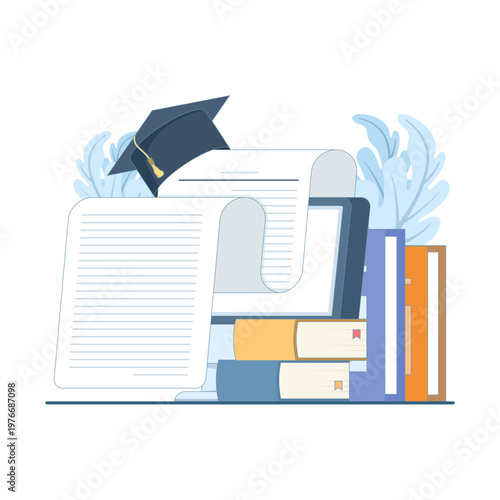 Cartoon style vector showing online study and essay writing on PC screen, symbolizing internet education, digital courses, and remote learning ideas. flat vector illustration on background.