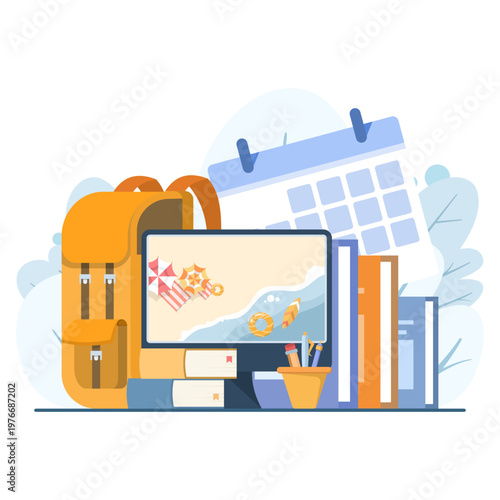 Vector concept of digital travel planning, showing office desk, resort on screen, luggage, and calendar, highlighting online vacation scheduling and itinerary management.