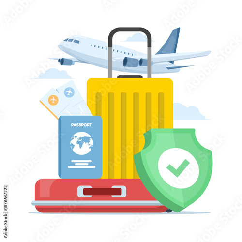 Vector concept of travel insurance and baggage protection for international vacations, highlighting safe trips, luggage safety, refund coverage, and global travel risk management. flat illustration.