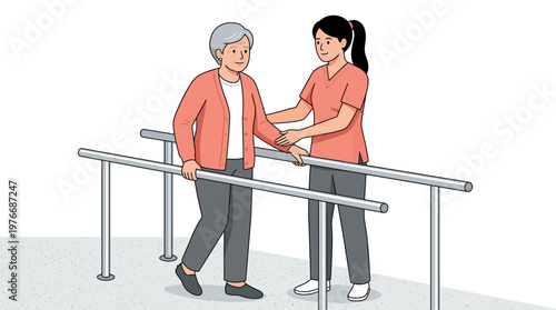Senior Woman Performing Physical Therapy with Nurse on Parallel Bars for Rehabilitation and Mobility Support