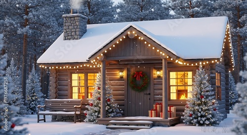 Cozy Log Cabin Decorated for Christmas in a Snowy Forest.