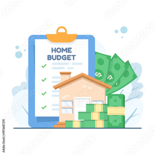 Home budget and financial management illustration featuring checklists, charts, and graphs. Great for personal finance, smart budgeting, and money organization at home. flat vector illustration.
