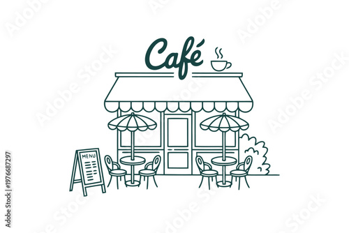 Outdoor cafe with green awning and patio seating under umbrellas outdoor seating