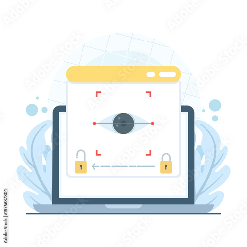 Concept illustration of laptop with eye recognition technology. Suitable for biometric security, identity verification, authentication systems, and technology or cybersecurity visuals. flat design.