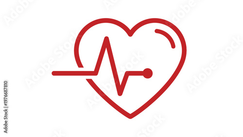 Modern minimalist red heart and electrocardiogram line icon representing health, medical care, cardiology, pulse, and vitality on a clean white background.