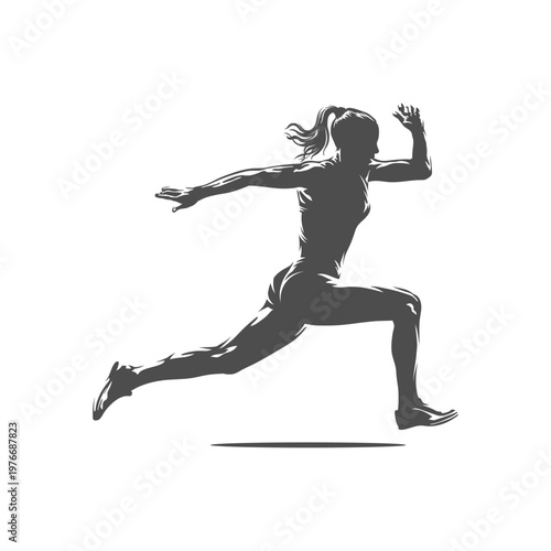 Female Runner Silhouette Side View Isolated on White Background