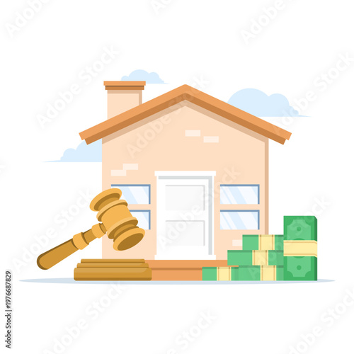 Creative illustration of auction and property bidding, featuring house, gavel, cash, and coins, representing buying, selling, and real estate trial in flat design. flat vector illustration,.