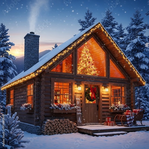 Cozy Log Cabin Decorated for Christmas in Snowy Landscape.