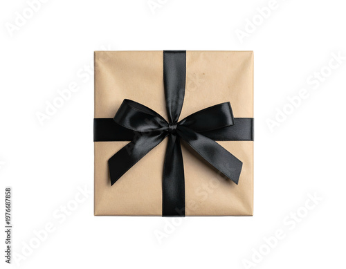 Square brown paper package, tied with a black satin ribbon bow