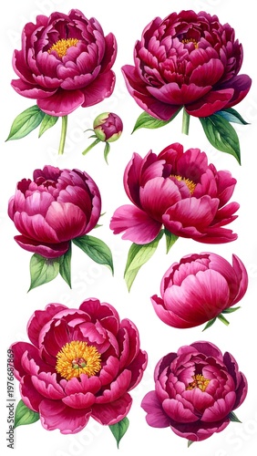 A vibrant arrangement of six peonies with lush green leaves