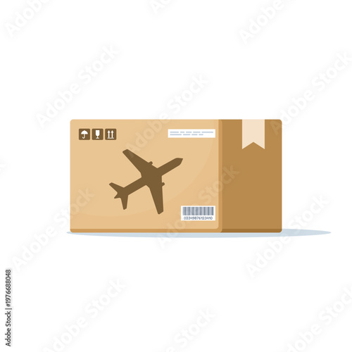 Flat vector illustration of parcel box delivery by airmail plane, representing export-import cargo, freight shipment, logistics services, and postal carrier transportation. flat illustration.