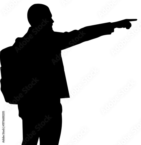 Black silhouette of a traveler with a backpack pointing his finger forward isolated on white background