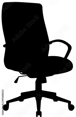 Black silhouette of a modern office swivel chair with armrests and wheels isolated on white background