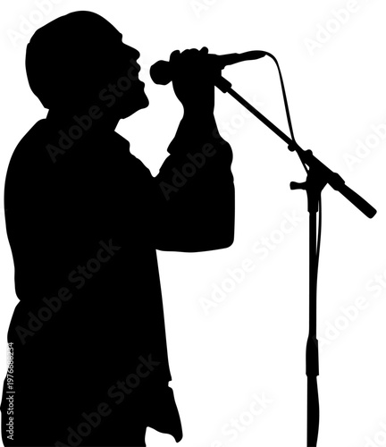 Black Silhouette of Male Singer Performing with Microphone on Stand Isolated on White Background
