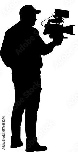 Silhouette of a professional videographer cameraman holding a video camera for filming and broadcasting on white background