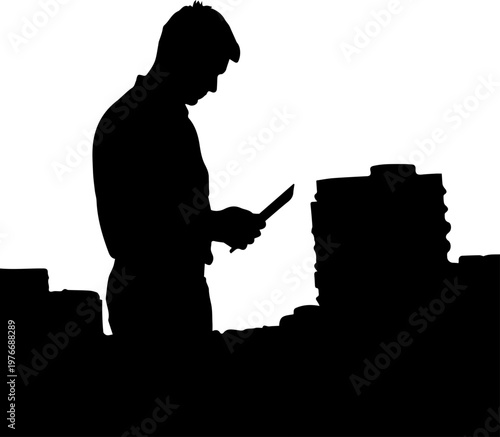 Black Silhouette of a Professional Male Chef or Baker Working at a Kitchen Counter with a Knife