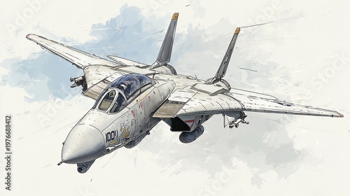 Illustration of a twin-engine fighter jet in flight
