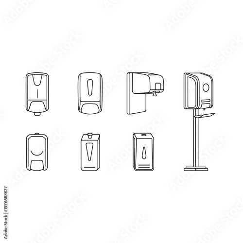Set of hand sanitizer and soap dispenser icons with dispenser, sanitizer