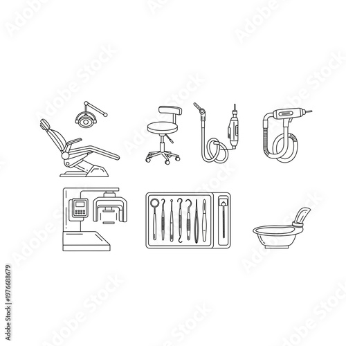 Dentistry office equipment and dental care tools icons set with equipment