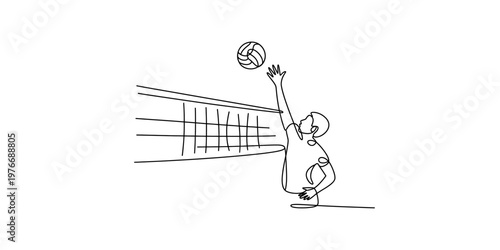A single continuous line drawing of a volleyball player reaching up to hit a ball over the net Vector, illustration