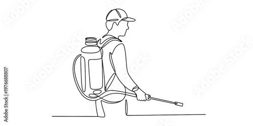 Continuous line drawing of a farmer wearing a cap and holding a pesticide sprayer on his back Vector, illustration