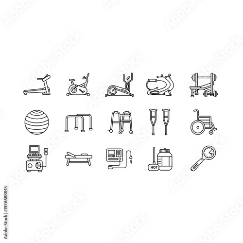 Physical therapy and medical rehabilitation equipment line icons with healthcare