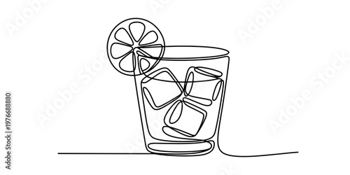 A single continuous line drawing of a glass filled with ice cubes and a slice of lemon on the rim. Vector, illustration