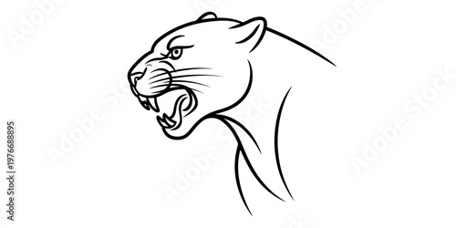 A simple black and white line art drawing of a fierce panther head roaring towards the left side. Vector, illustration