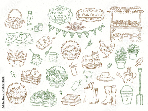 Line art vector set of farmers market elements: complete set including fresh vegetables and fruits in baskets and crates, eggs, milk, cheese, bread, rolls, market stall, signage, farmer’s accessories