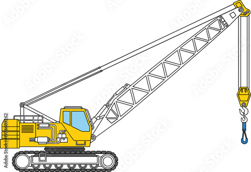 Detailed vector illustration of crawler crane with lattice boom, hook, tracked undercarriage, and operator cabin design