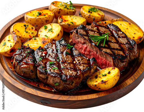 Juicy grilled steaks and golden roasted potato wedges