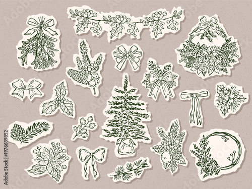 Christmas hand-drawn botanical doodle set with holly, mistletoe, pine branches, wreaths, and festive foliage in vintage paper collage style. Ideal for holiday cards, packaging, and vector designs