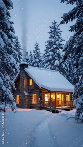 Cozy Log Cabin in Snowy Forest at Dusk.