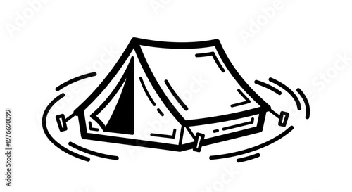 Camping tent stands alone in a grassy area with a hand-drawn aesthetic.