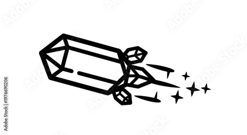 Minimalist black and white illustration of a rocket with flames and sparks trailing behind during launch. No additional objects.