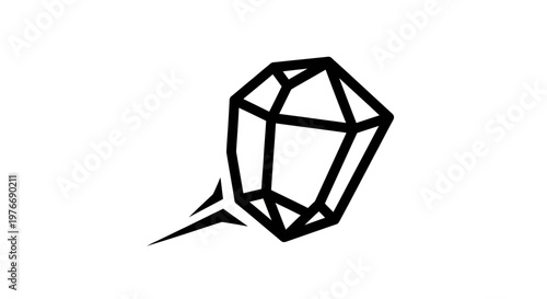 Black and white minimalist illustration of a diamond or gemstone with light reflection and sharp, angular edges.