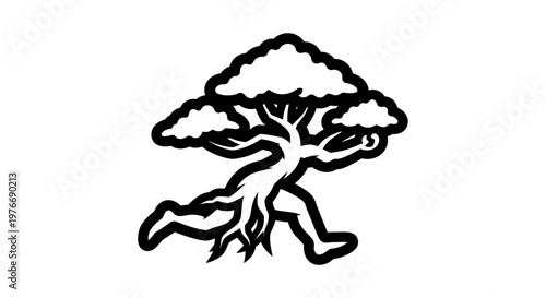 Minimalist black and white illustration of a stylized tree with sprawling branches and roots. No leaves present.