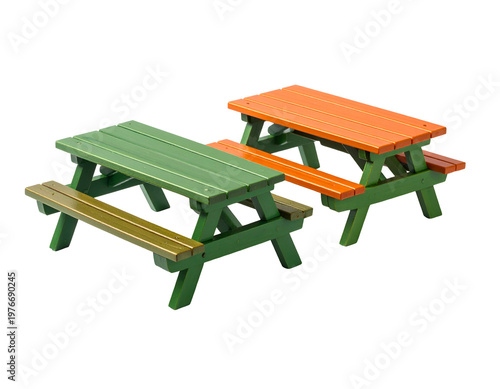 Two colorful miniature picnic tables, one green, one orange