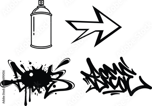 Graffiti Spray Can with Arrow and Tags on White