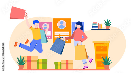 Happy people jumping with shopping bags celebrating store success